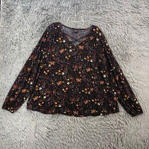 Daytrip Blouse Womens XL Floral Balloon Sleeve Vneck Soft Long Sleeve Black Red